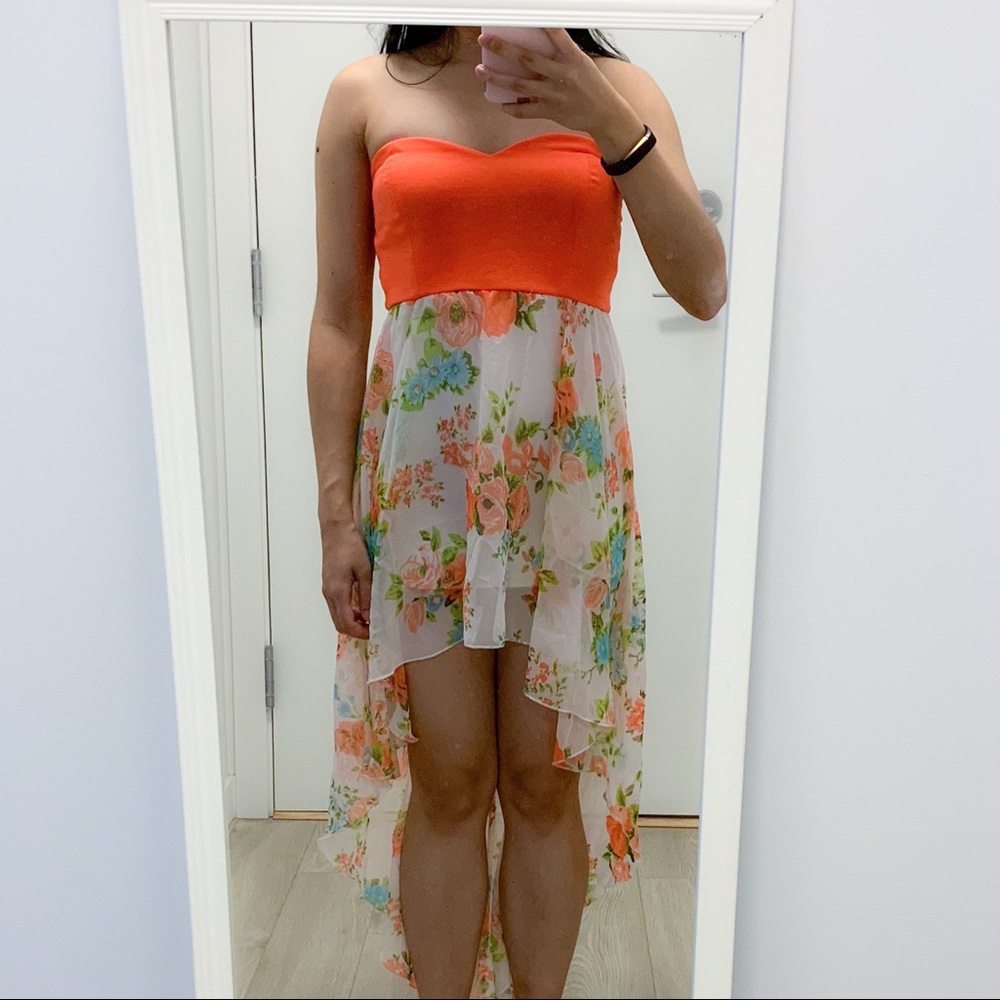 Peach/Orange High-Low Floral Dress
